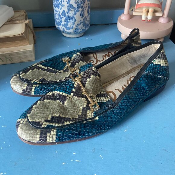 SAM EDELMAN Women's US8.5 Blue Leather Snakeskin-embossed Loraine Loafer - Picture 4 of 7